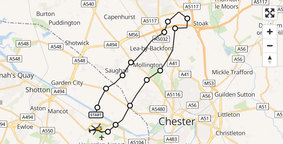 Flight route Police Helicopter Saltney Ferry - Hawarden Airport, 20 June 2026, 17:31