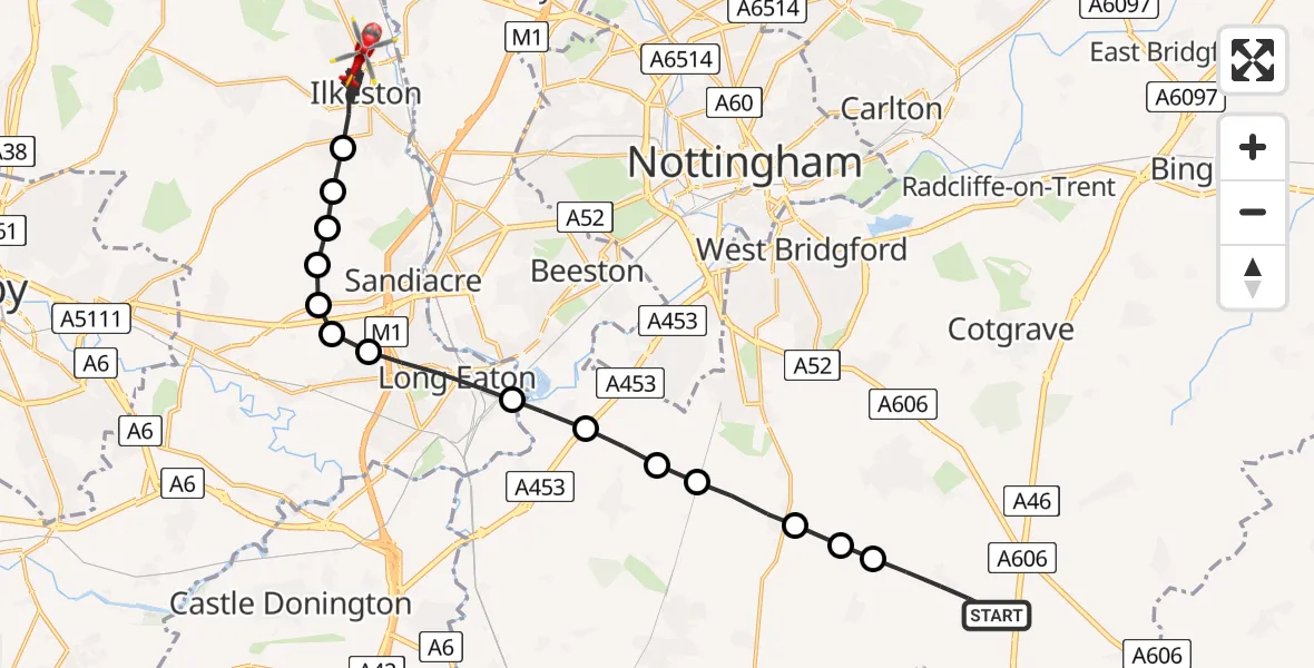 Flight route Air Ambulance Helicopter Widmerpool - Ilkeston, 20 June 2026, 17:42