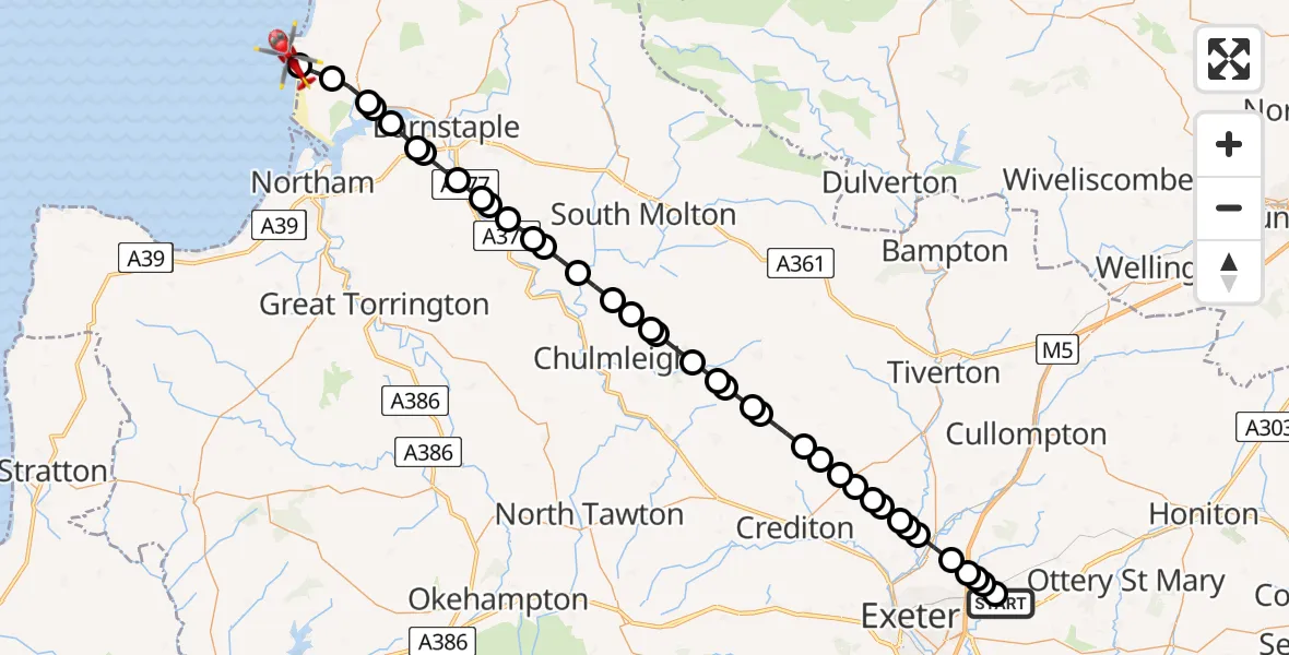 Flight route Air Ambulance Helicopter Exeter International Airport - Croyde, 20 June 2026, 17:54