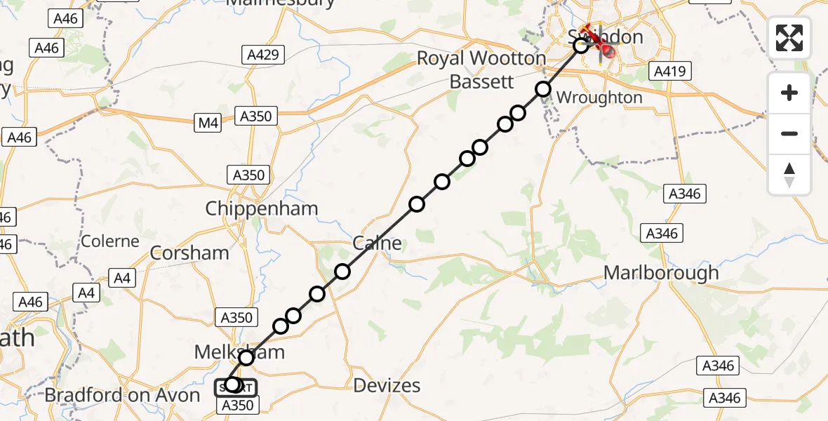 Flight route Air Ambulance Helicopter Wiltshire Air Ambulance - Swindon, 20 June 2026, 18:03