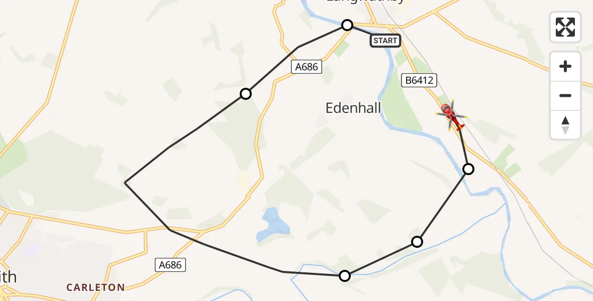 Flight route Air Ambulance Helicopter Edenhall - Langwathby, 20 June 2026, 18:07