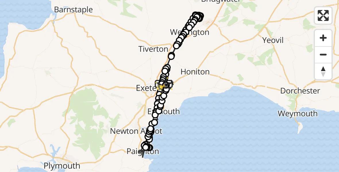 Flight route Police Helicopter Cranbrook - Exeter International Airport, 20 June 2026, 18:08