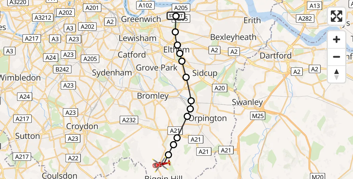 Flight route Air Ambulance Helicopter Shooters Hill - London Biggin Hill Airport, 20 June 2026, 18:11