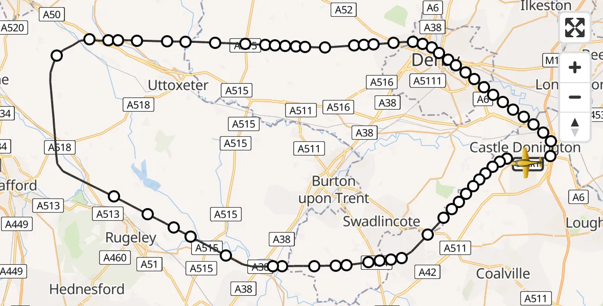 Flight route Police Aircraft East Midlands Airport - East Midlands Airport, 20 June 2026, 18:14