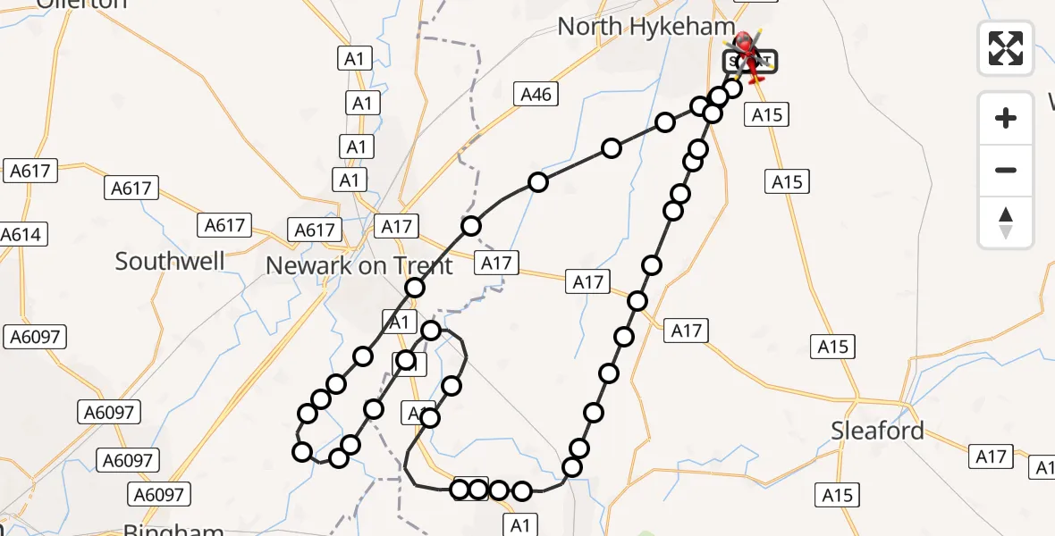 Flight route Air Ambulance Helicopter RAF Waddington - North Kesteven, 20 June 2026, 18:29