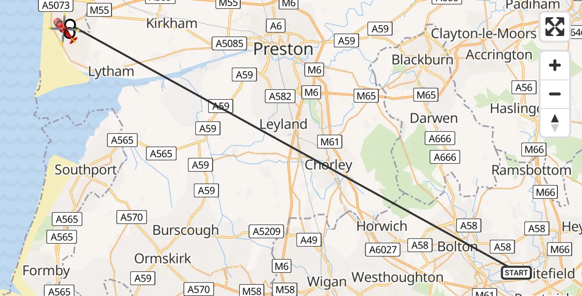 Flight route Air Ambulance Helicopter Bury - Blackpool Airport, 20 June 2026, 18:35