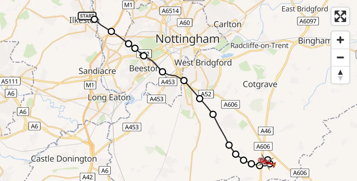 Flight route Air Ambulance Helicopter Ilkeston - Nottingham Heliport, 20 June 2026, 18:36