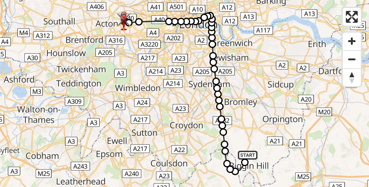 Flight route Air Ambulance Helicopter London Biggin Hill Airport - Shepherd's Bush, 20 June 2026, 18:36