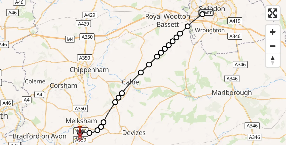 Flight route Air Ambulance Helicopter Swindon - Wiltshire Air Ambulance, 20 June 2026, 18:54