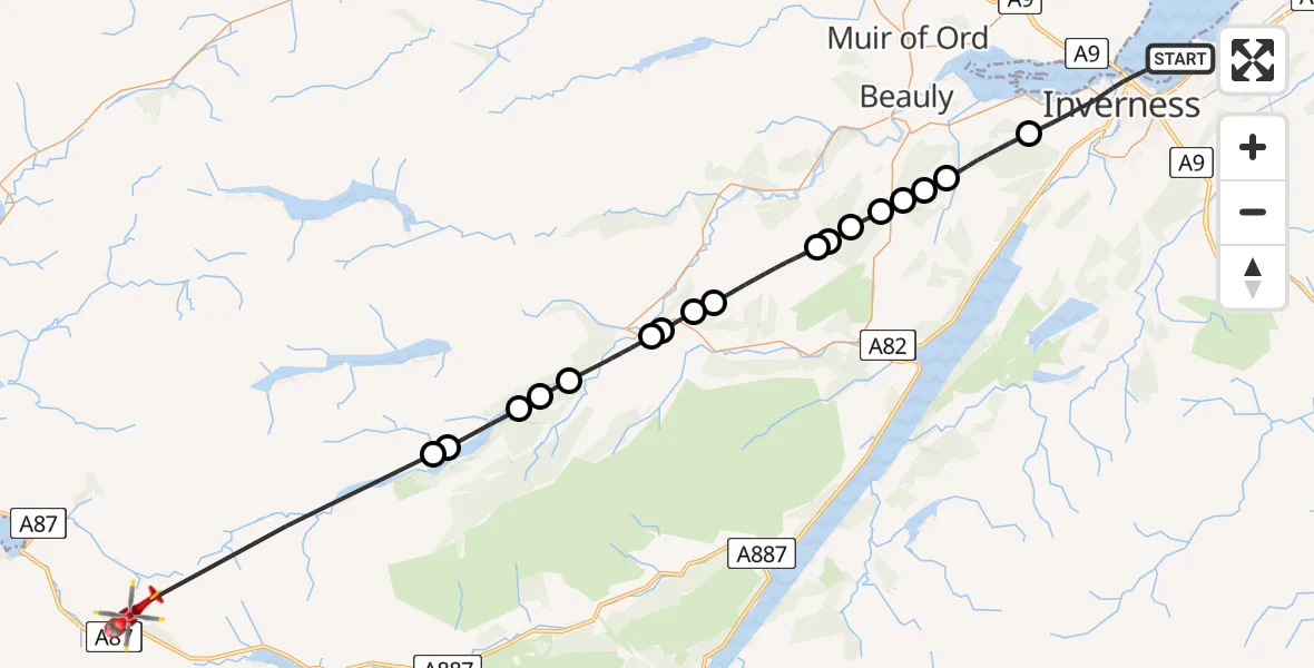 Flight route Air Ambulance Helicopter Inverness - Highland, 20 June 2026, 18:56