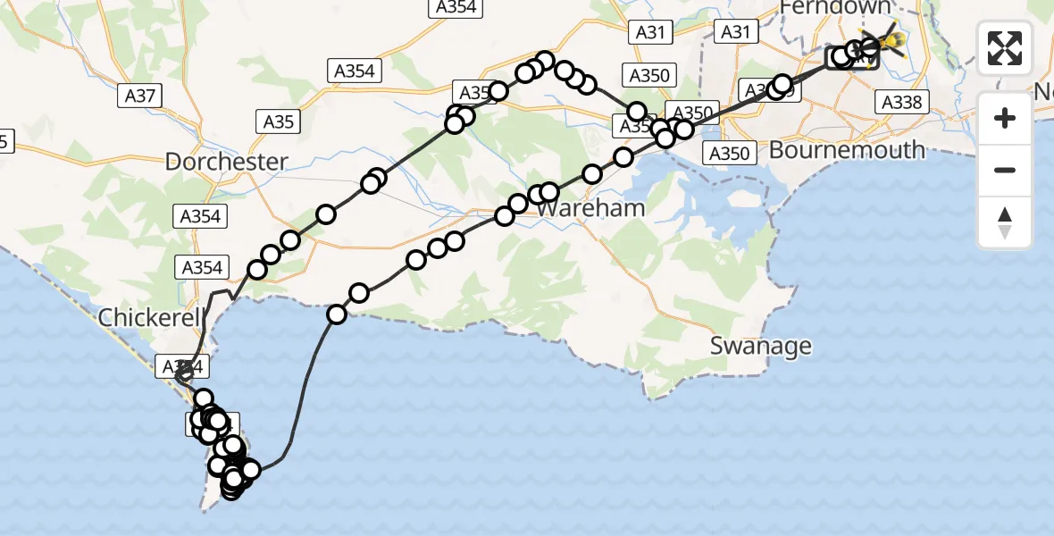 Flight route Police Helicopter Parley Cross - Bournemouth Airport, 20 June 2026, 18:57
