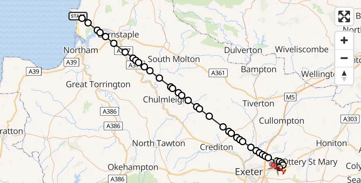 Flight route Air Ambulance Helicopter Croyde - Exeter International Airport, 20 June 2026, 19:03