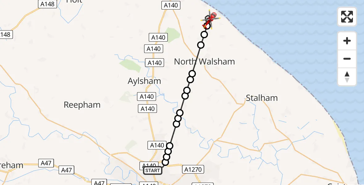 Flight route Air Ambulance Helicopter Norwich Airport - Gimingham, 20 June 2026, 19:03