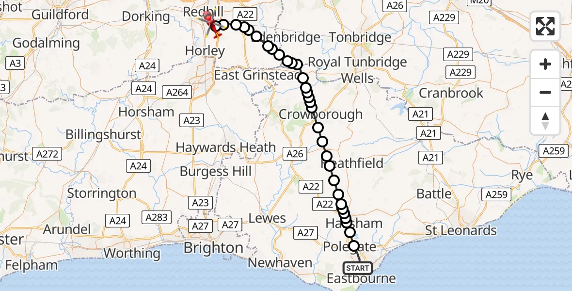 Flight route Air Ambulance Helicopter Eastbourne - Redhill Aerodrome, 20 June 2026, 19:07