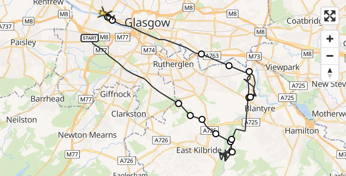 Flight route Police Helicopter Glasgow - Glasgow, 20 June 2026, 19:19