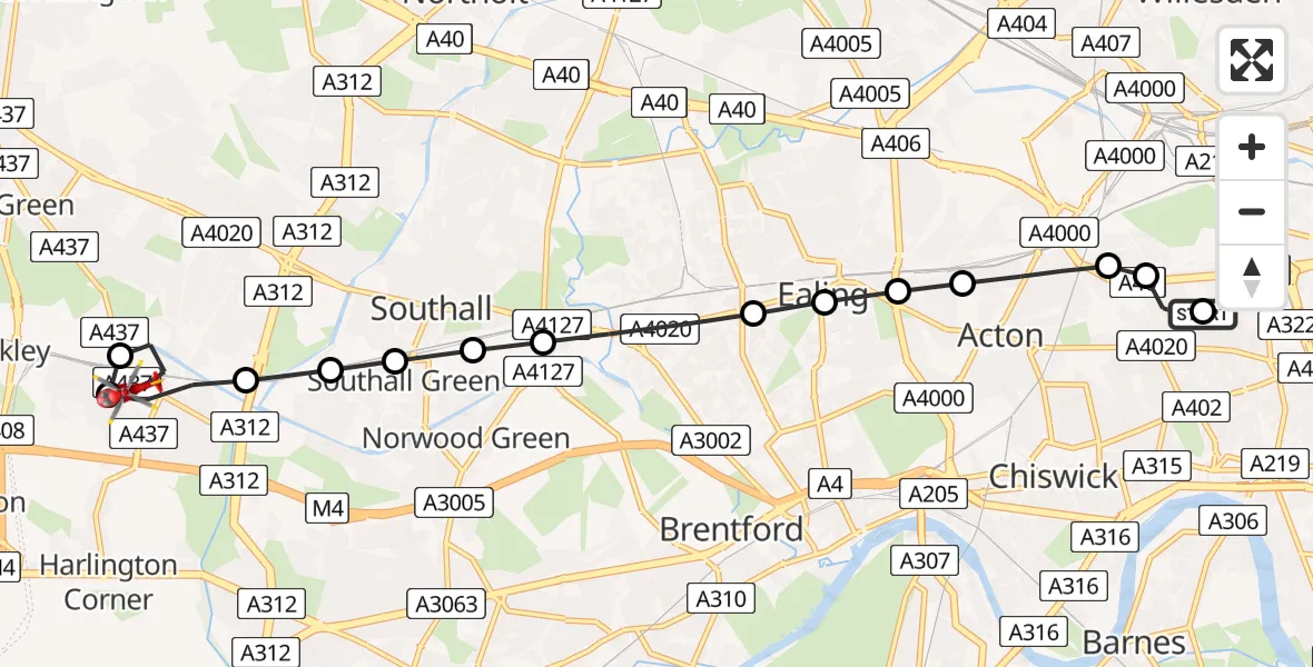Flight route Air Ambulance Helicopter Shepherd's Bush - Hayes, 20 June 2026, 19:38