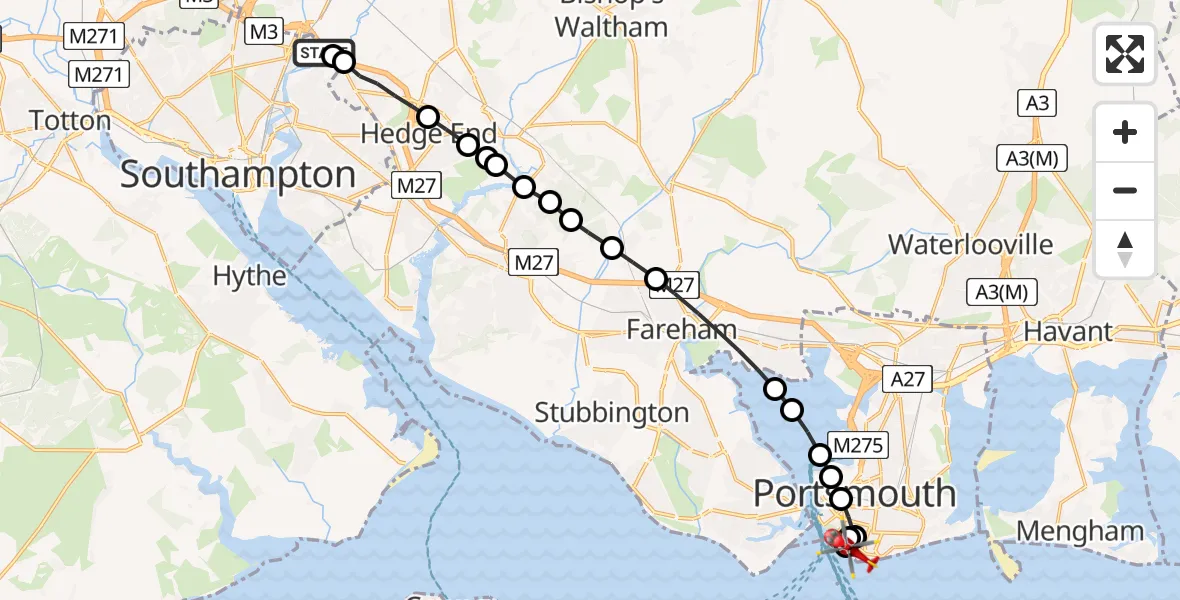 Flight route Air Ambulance Helicopter Southampton Airport - Old Portsmouth, 20 June 2026, 20:14