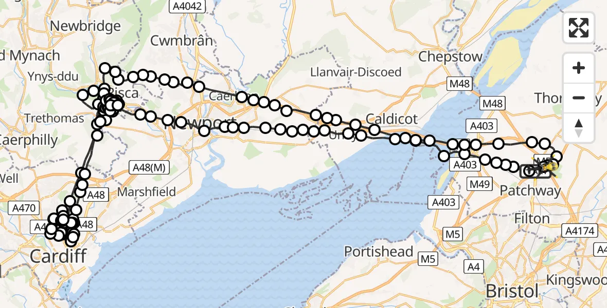 Flight route Police Helicopter Almondsbury Helicopter Base - Almondsbury Helicopter Base, 20 June 2026, 20:16