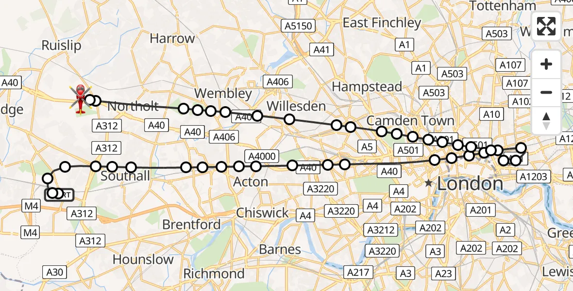Flight route Air Ambulance Helicopter Hayes - RAF Northolt, 20 June 2026, 20:30