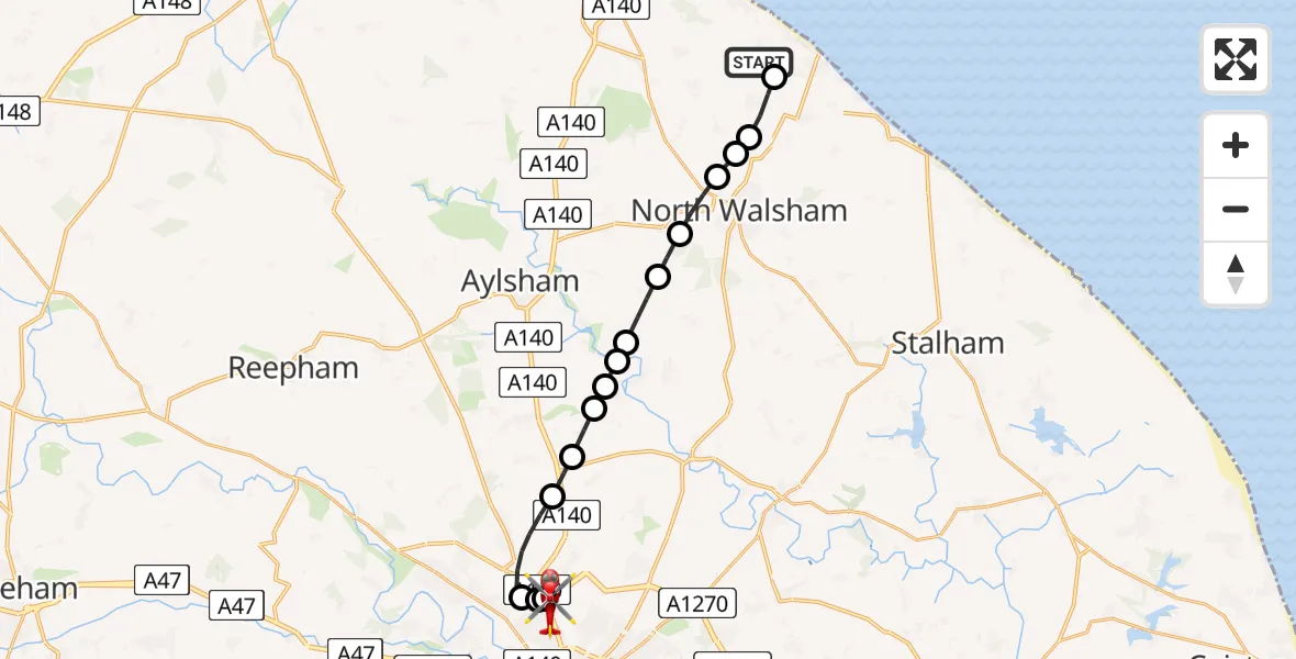 Flight route Air Ambulance Helicopter Gimingham - Norwich Airport, 20 June 2026, 20:50