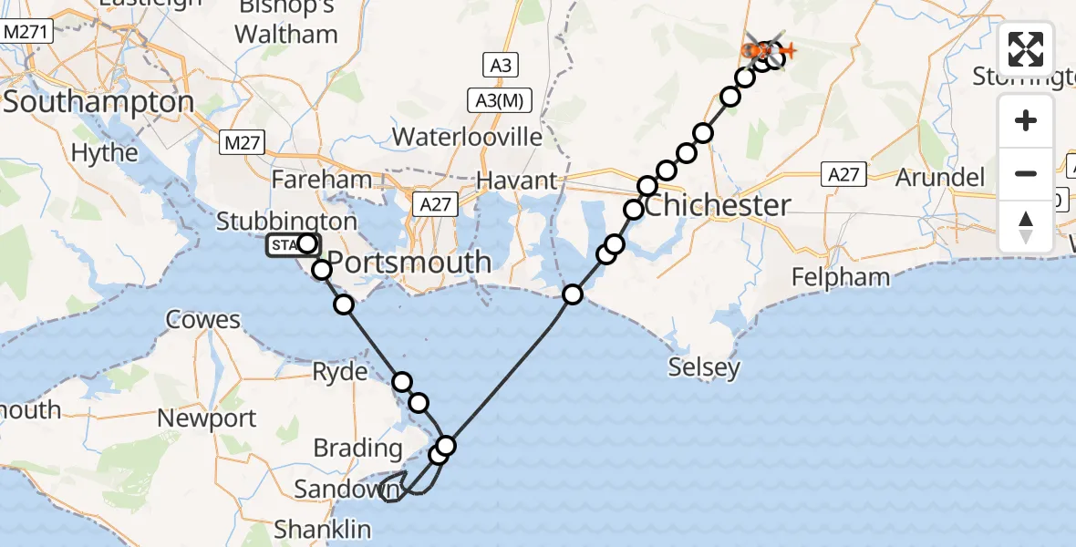 Flight route Coastguard Helicopter Solent Airport - Chichester, 20 June 2026, 20:50
