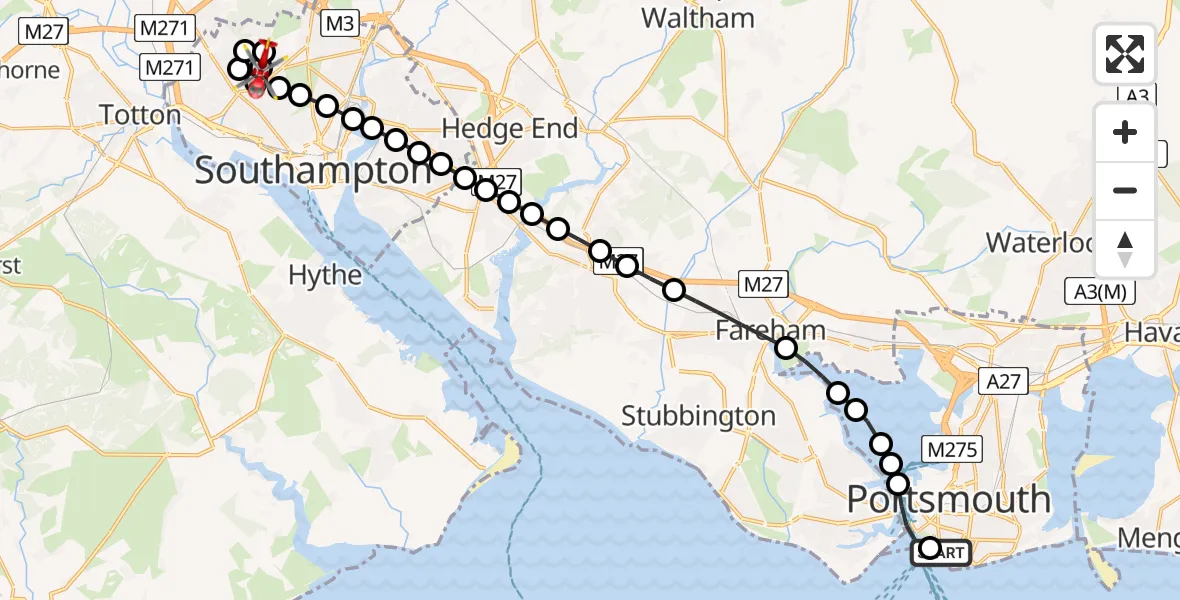 Flight route Air Ambulance Helicopter Southsea - St James, 20 June 2026, 21:03