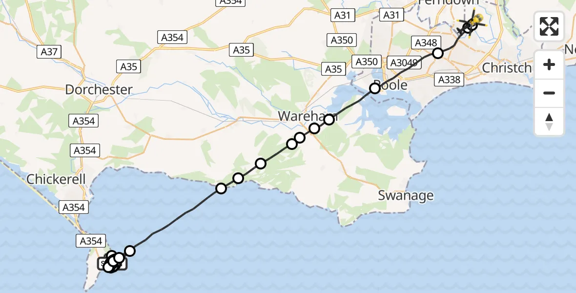 Flight route Police Helicopter The Grove - Bournemouth Airport, 20 June 2026, 21:06
