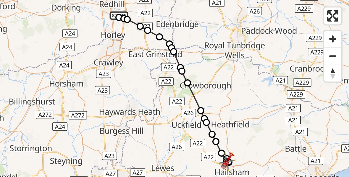 Flight route Air Ambulance Helicopter Redhill Aerodrome - Hellingly, 20 June 2026, 21:13