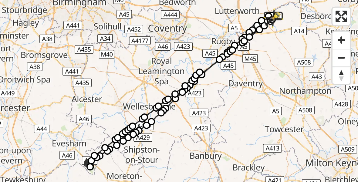 Flight route Police Helicopter Husbands Bosworth Airfield - Welford, 20 June 2026, 21:14