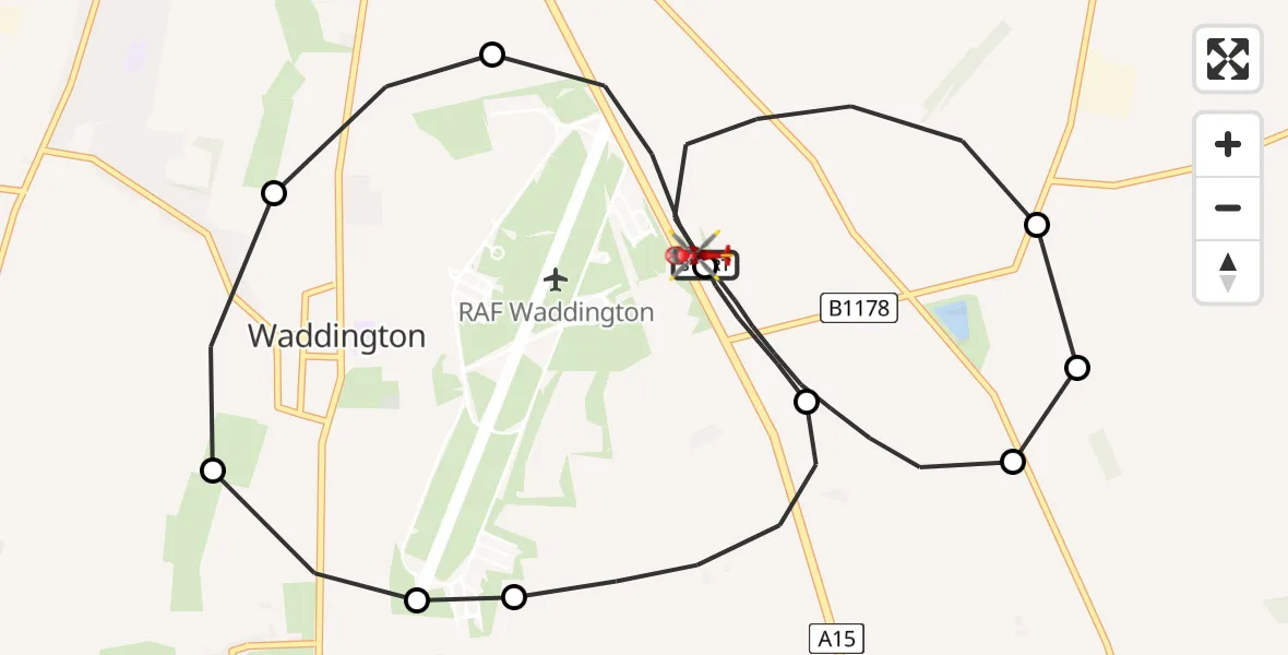 Flight route Air Ambulance Helicopter RAF Waddington - North Kesteven, 20 June 2026, 21:14