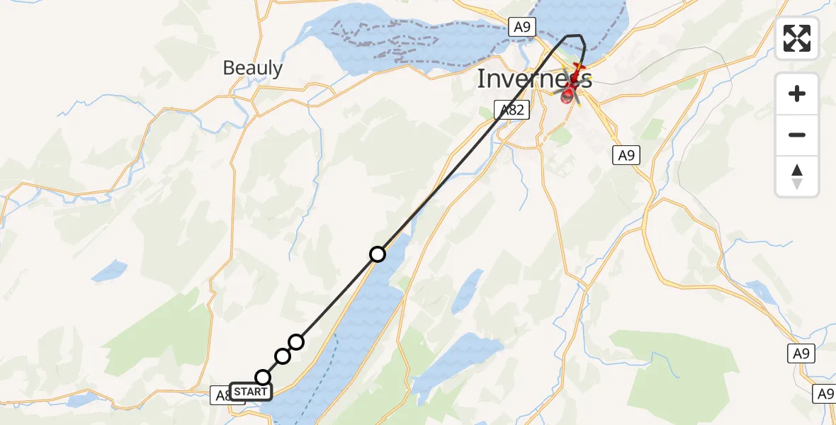 Flight route Air Ambulance Helicopter Lewiston - Inverness, 20 June 2026, 21:20