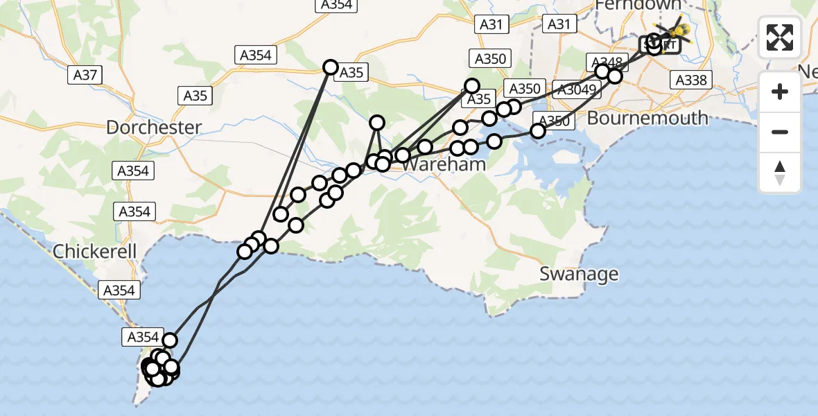 Flight route Police Helicopter Hurn - Bournemouth Airport, 20 June 2026, 21:25