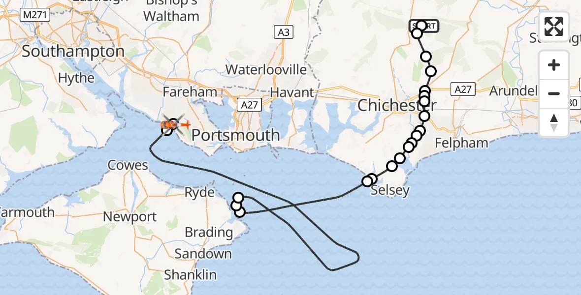 Flight route Coastguard Helicopter Chichester - Solent Airport, 20 June 2026, 21:37