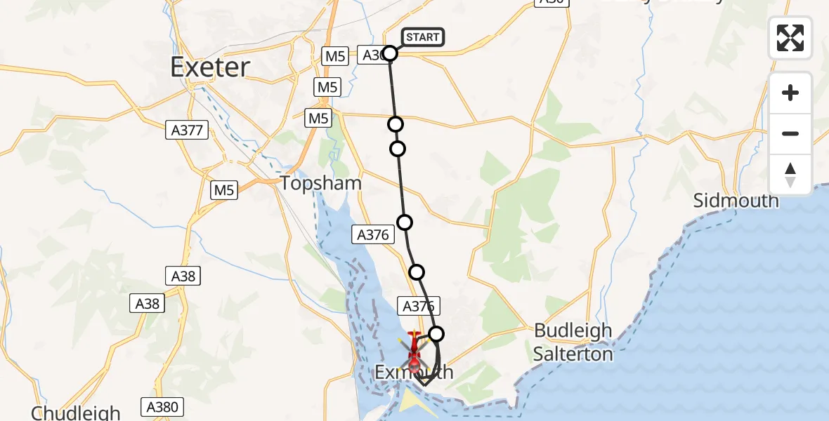 Flight route Air Ambulance Helicopter Exeter International Airport - Exmouth, 20 June 2026, 21:43