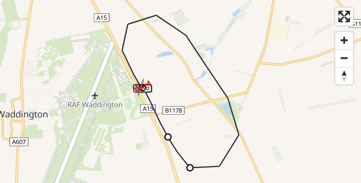 Flight route Air Ambulance Helicopter RAF Waddington - North Kesteven, 20 June 2026, 21:49