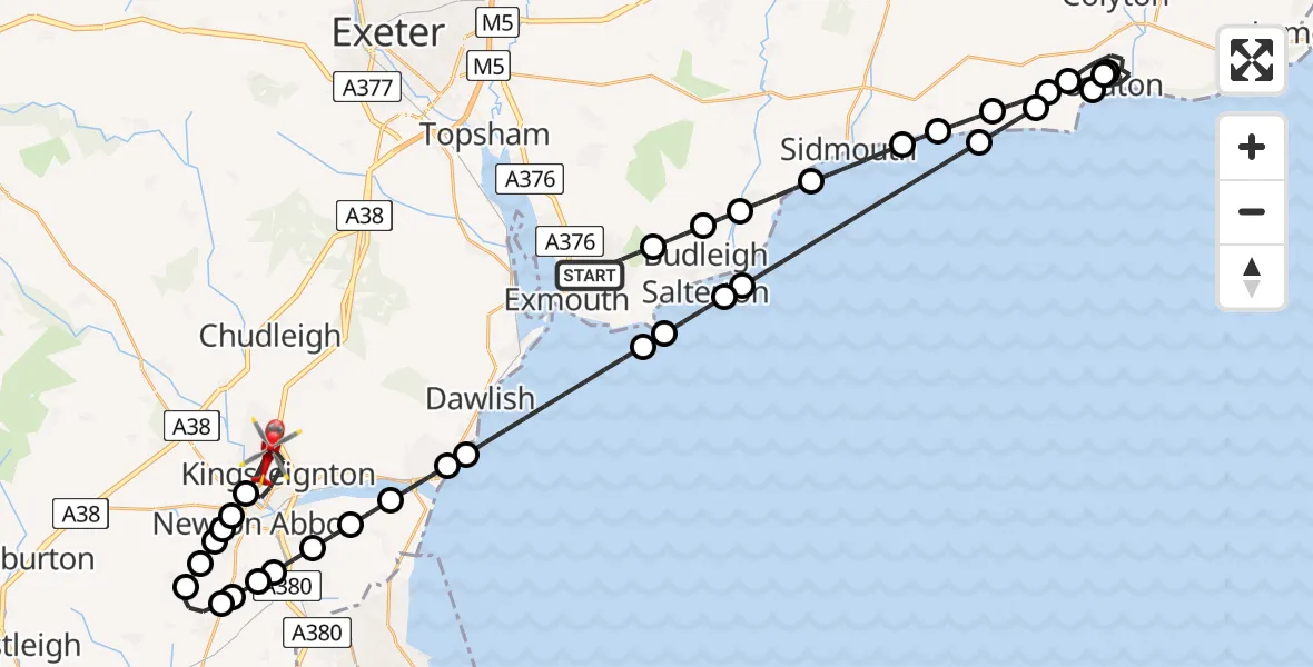 Flight route Air Ambulance Helicopter Exmouth - Kingsteignton, 20 June 2026, 21:55