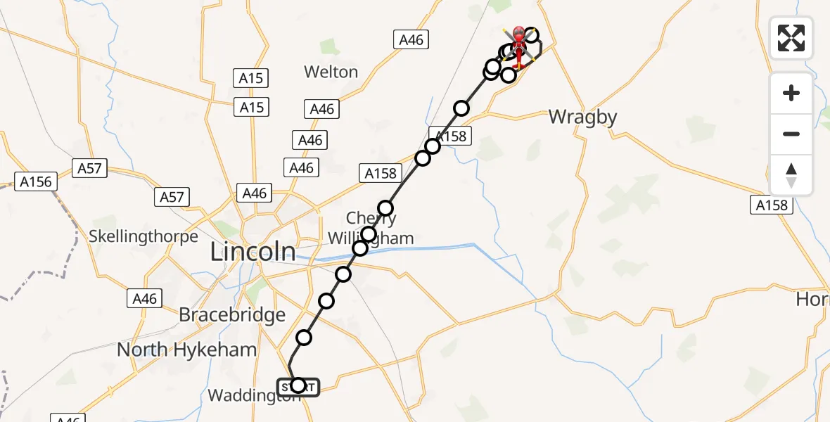 Flight route Air Ambulance Helicopter RAF Waddington - Wickenby Aerodrome, 20 June 2026, 21:56