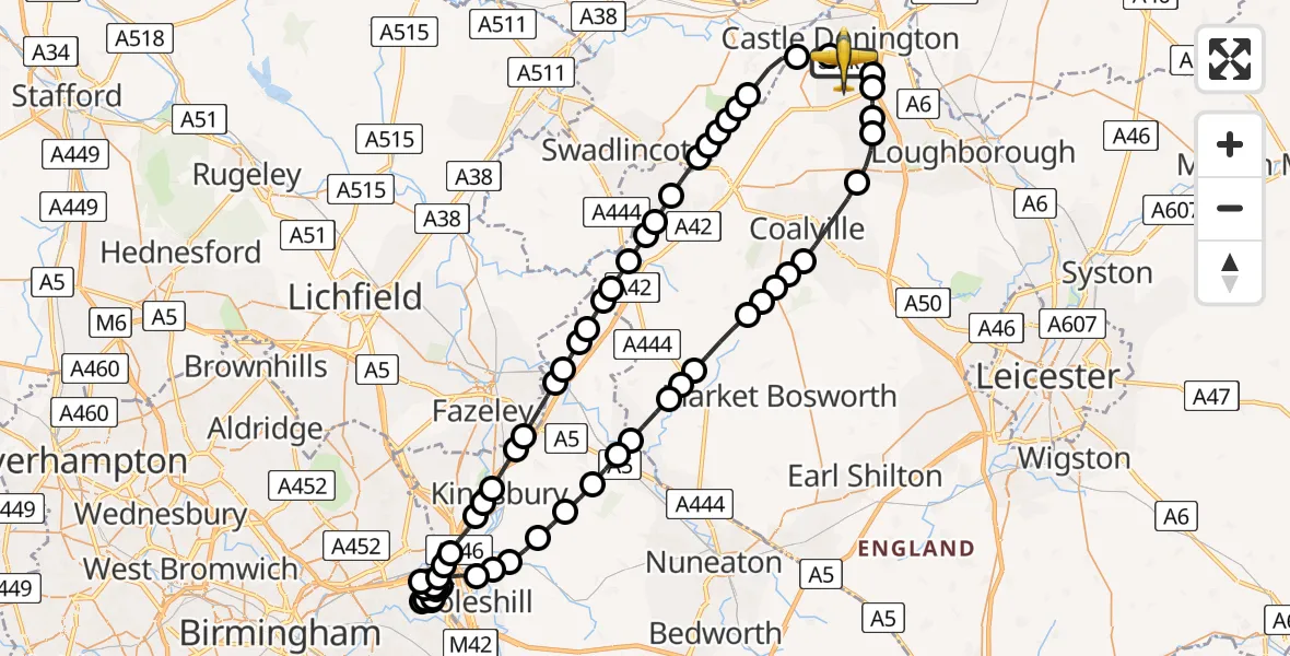 Flight route Police Aircraft East Midlands Airport - East Midlands Airport, 20 June 2026, 21:59