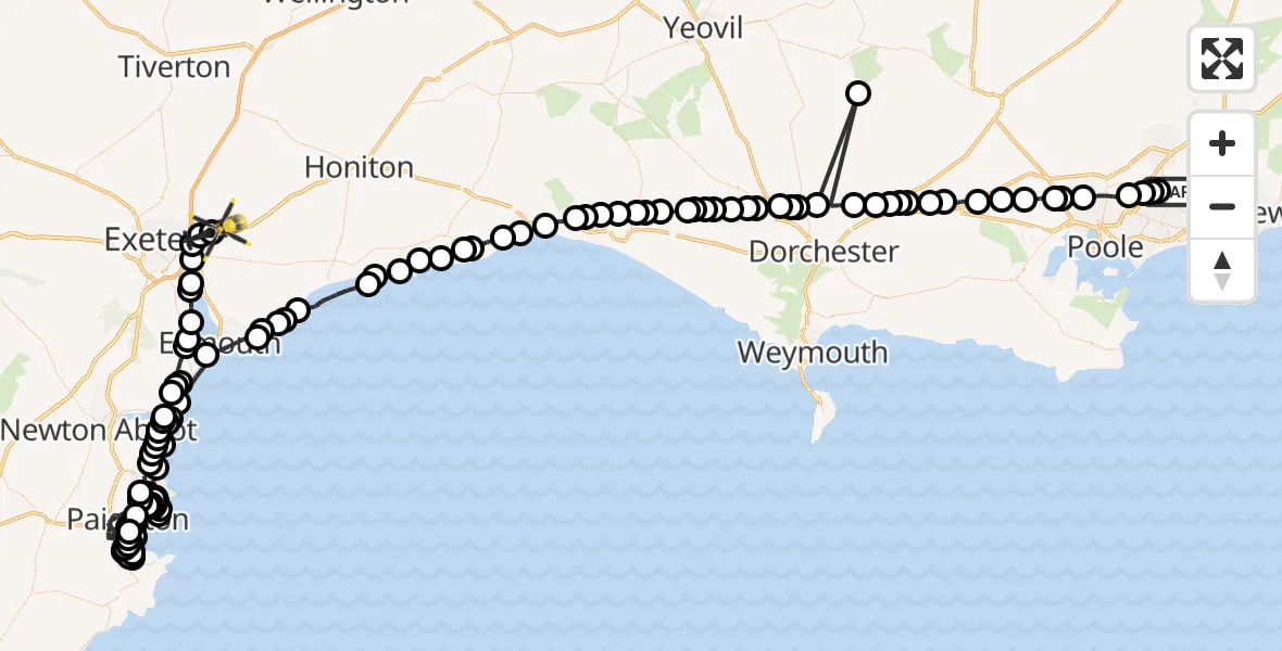 Flight route Police Helicopter Parley Cross - Exeter International Airport, 20 June 2026, 22:05