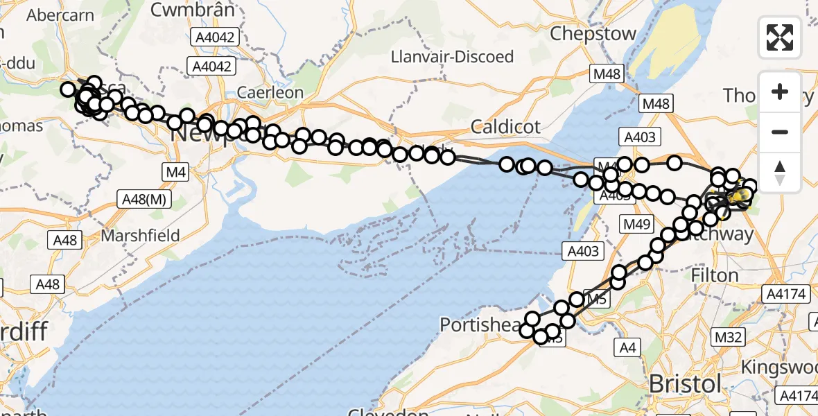 Flight route Police Helicopter Almondsbury Helicopter Base - Almondsbury Helicopter Base, 20 June 2026, 22:14