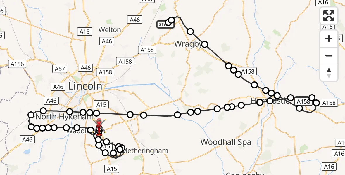 Flight route Air Ambulance Helicopter Wickenby CP - North Kesteven, 20 June 2026, 22:15