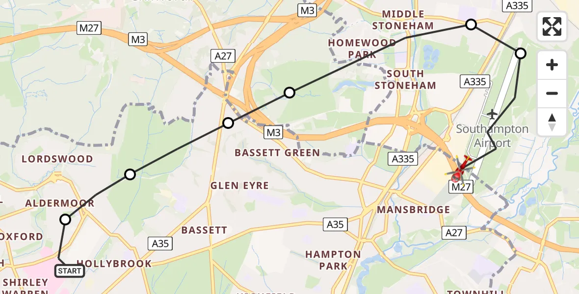 Flight route Air Ambulance Helicopter University Hospital Southampton - Southampton Airport, 20 June 2026, 22:33