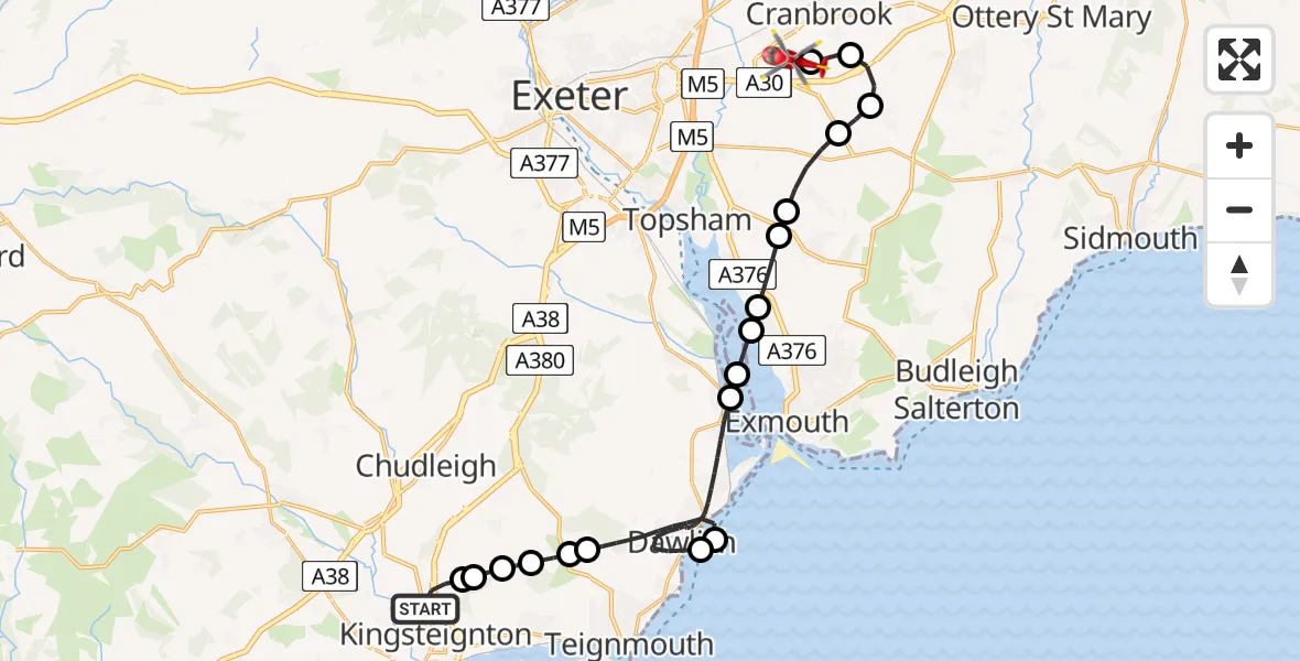 Flight route Air Ambulance Helicopter Kingsteignton - Exeter International Airport, 20 June 2026, 22:40
