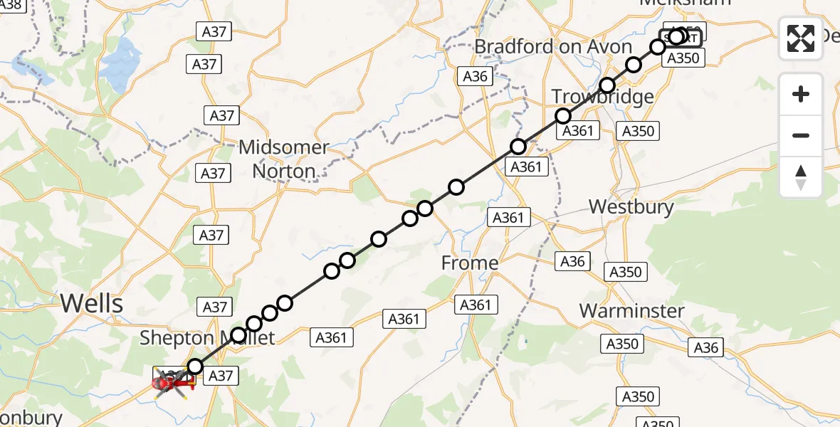 Flight route Air Ambulance Helicopter Wiltshire Air Ambulance - Pilton, 20 June 2026, 22:42