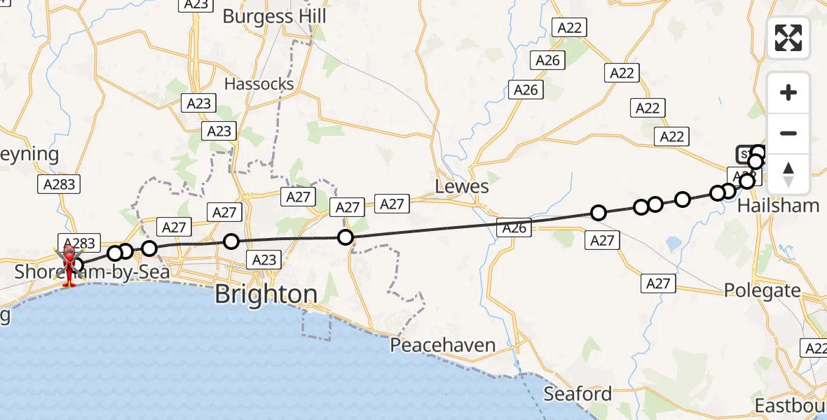 Flight route Air Ambulance Helicopter Hellingly - Brighton City Airport, 20 June 2026, 22:55