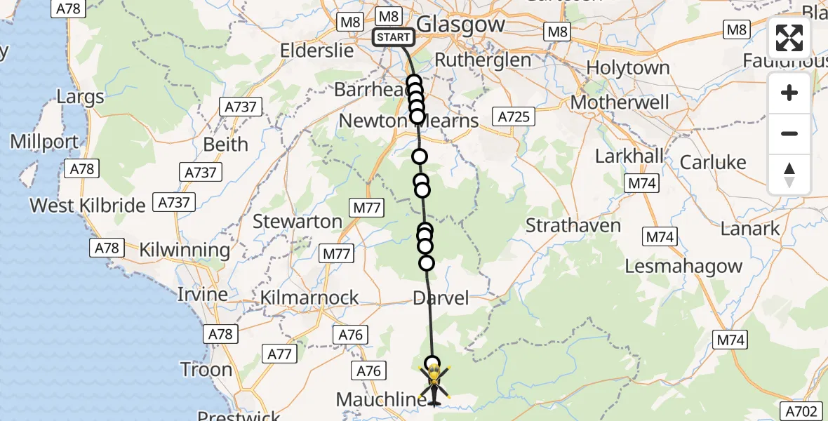 Flight route Police Helicopter Glasgow - Sorn, 20 June 2026, 23:00