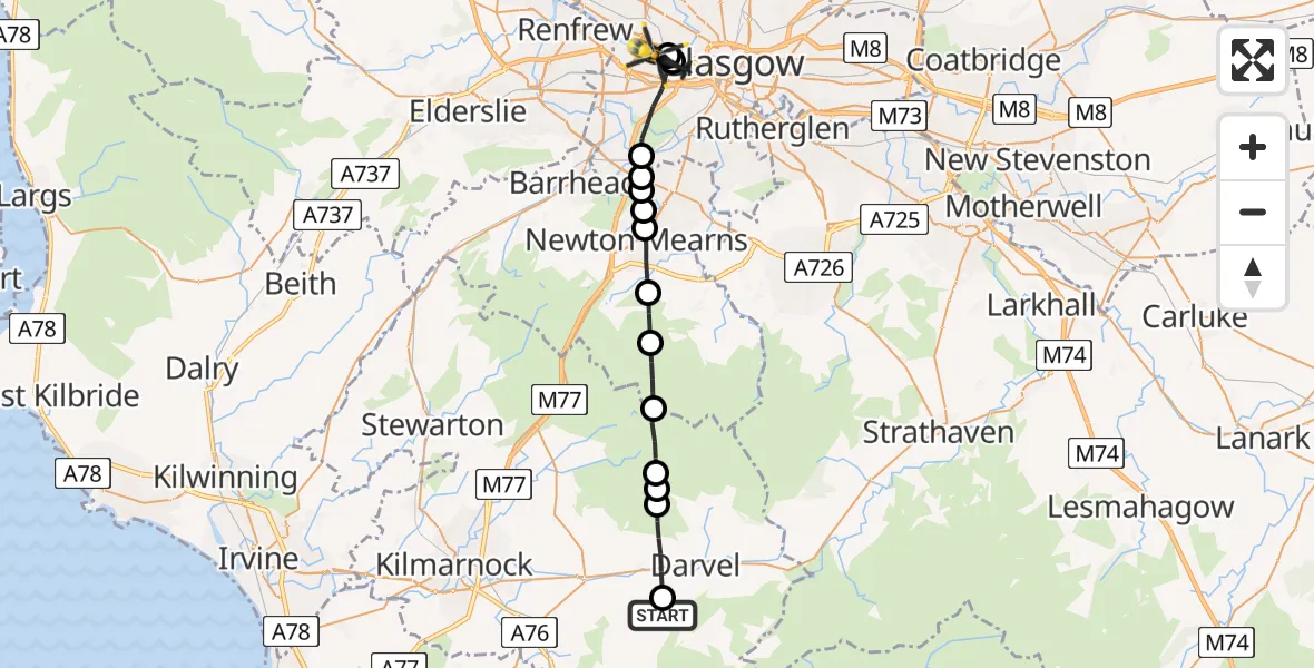 Flight route Police Helicopter Priestland - Glasgow, 20 June 2026, 23:25