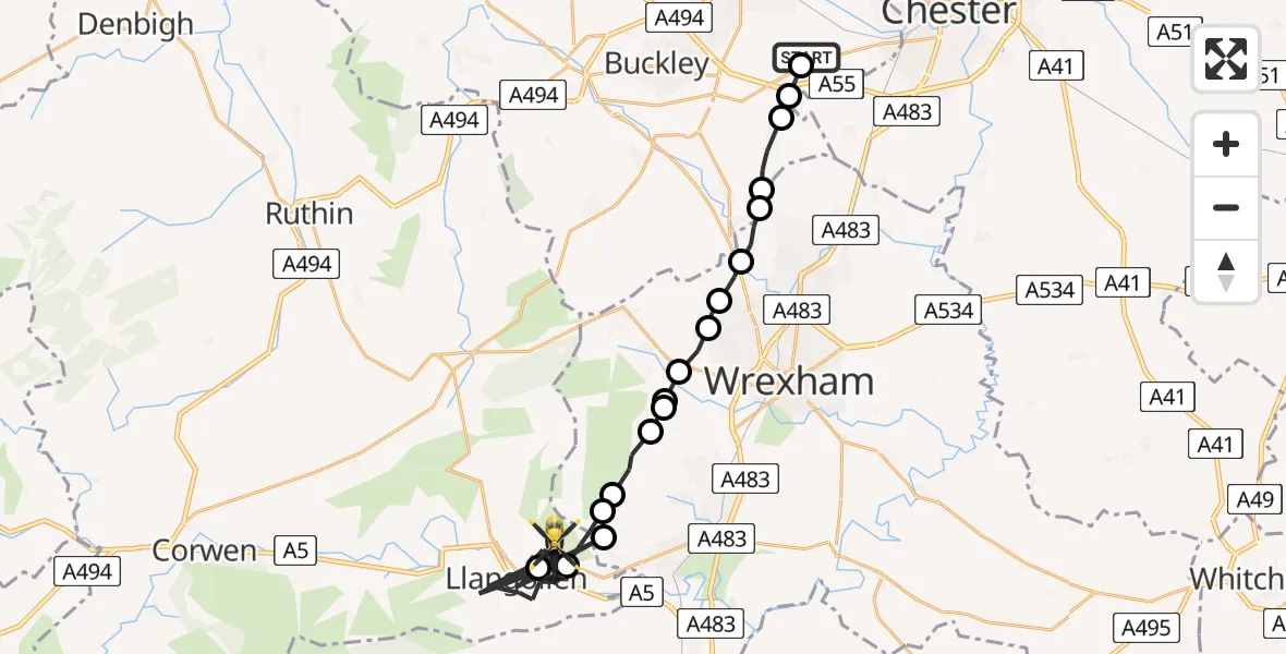 Flight route Police Helicopter Hawarden Airport - Llangollen, 20 June 2026, 23:34