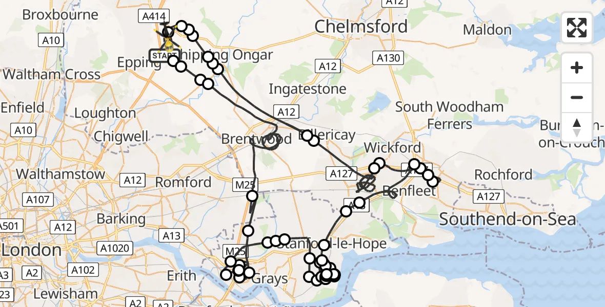 Flight route Police Helicopter Coopersale - North Weald Airfield, 20 June 2026, 23:38
