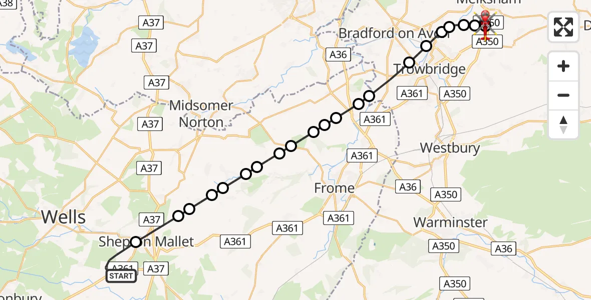 Flight route Air Ambulance Helicopter Pilton - Wiltshire Air Ambulance, 20 June 2026, 23:57